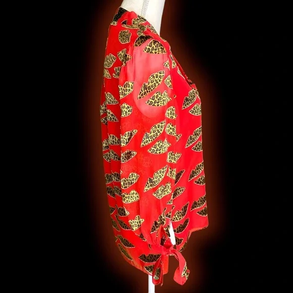 Alice + Olivia ‘Sheila’ Leopard Lips Red Burnout Tie-Neck Top Size XS ASO Kelly - Picture 7 of 16